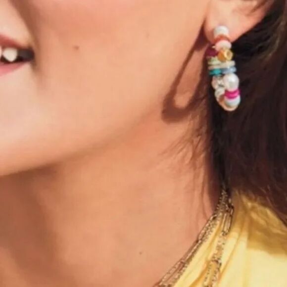 Stella & Dot Modern Bohemian Beaded Hoop Earrings Gold Multi 1.4” - Picture 3 of 4